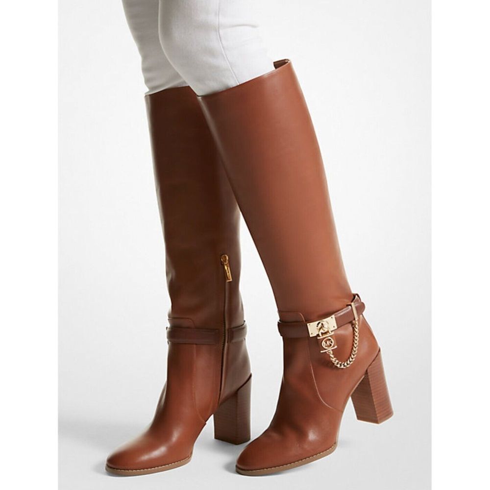 Michael Kors Brown Leather Knee-High Heeled Boots with Gold Chain Accent